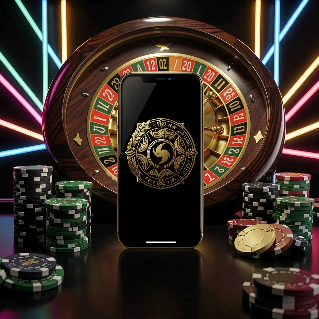 Mobile casino application scene featuring a phone in the center with a roulette wheel and poker chips in the background, illuminated by glowing neon lights in a premium black and gold style, showcasing the 977K brand