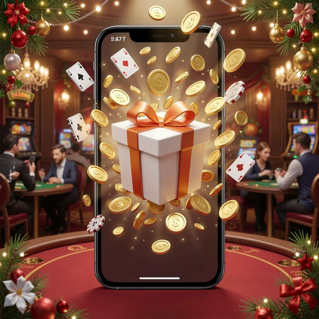 977K mobile casino bonus app concept showing a phone screen with a gift box and coins bursting out in a festive casino atmosphere