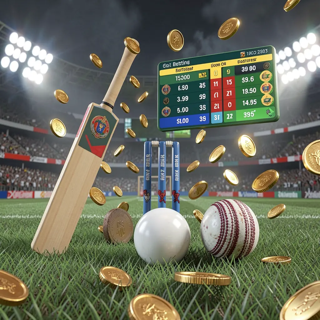 977K sports betting page visual featuring a cricket bat, cricket ball, and wickets on stadium grass with floating betting odds interface and golden coins flying in a realistic 3D illustration