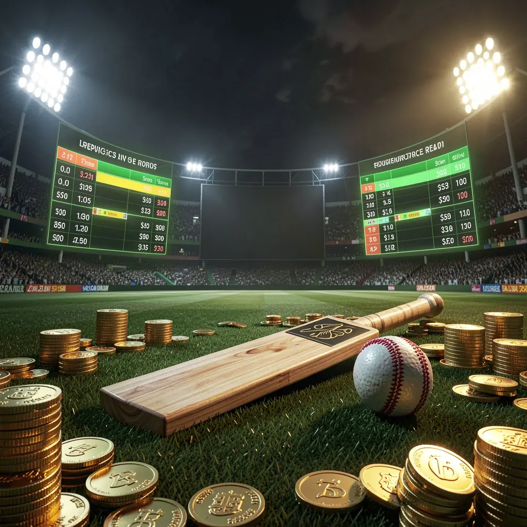 977K cricket betting page hero banner featuring a cricket stadium at night with bright floodlights, a cricket bat and ball on a green pitch, glowing odds panels, and golden coins in a premium dark cinematic 3D render atmosphere