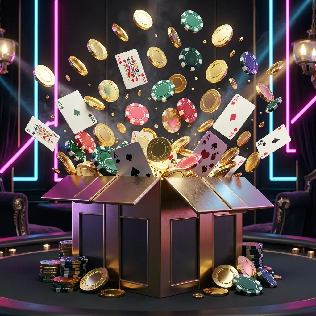 977K online casino bonus gift box exploding with golden coins, poker chips, and playing cards against a dark luxury background with glowing neon accents