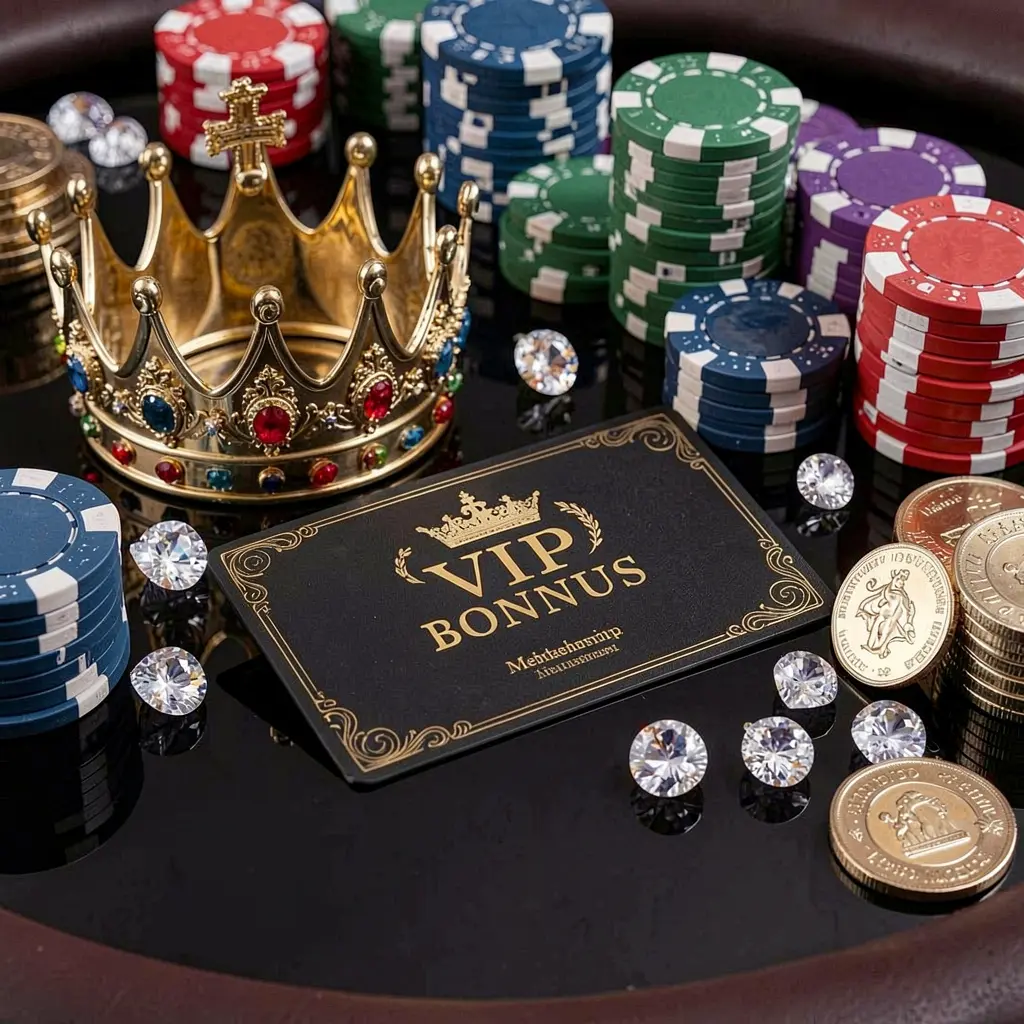 977K VIP casino bonus concept featuring a golden crown, luxury membership card, poker chips, diamonds, and coins arranged on a glossy black table in an elegant premium style