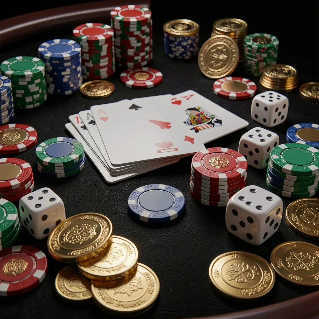 Close-up of an elegant 977K casino table featuring poker chips, playing cards, dice, and gold coins with soft cinematic lighting against a luxury black background