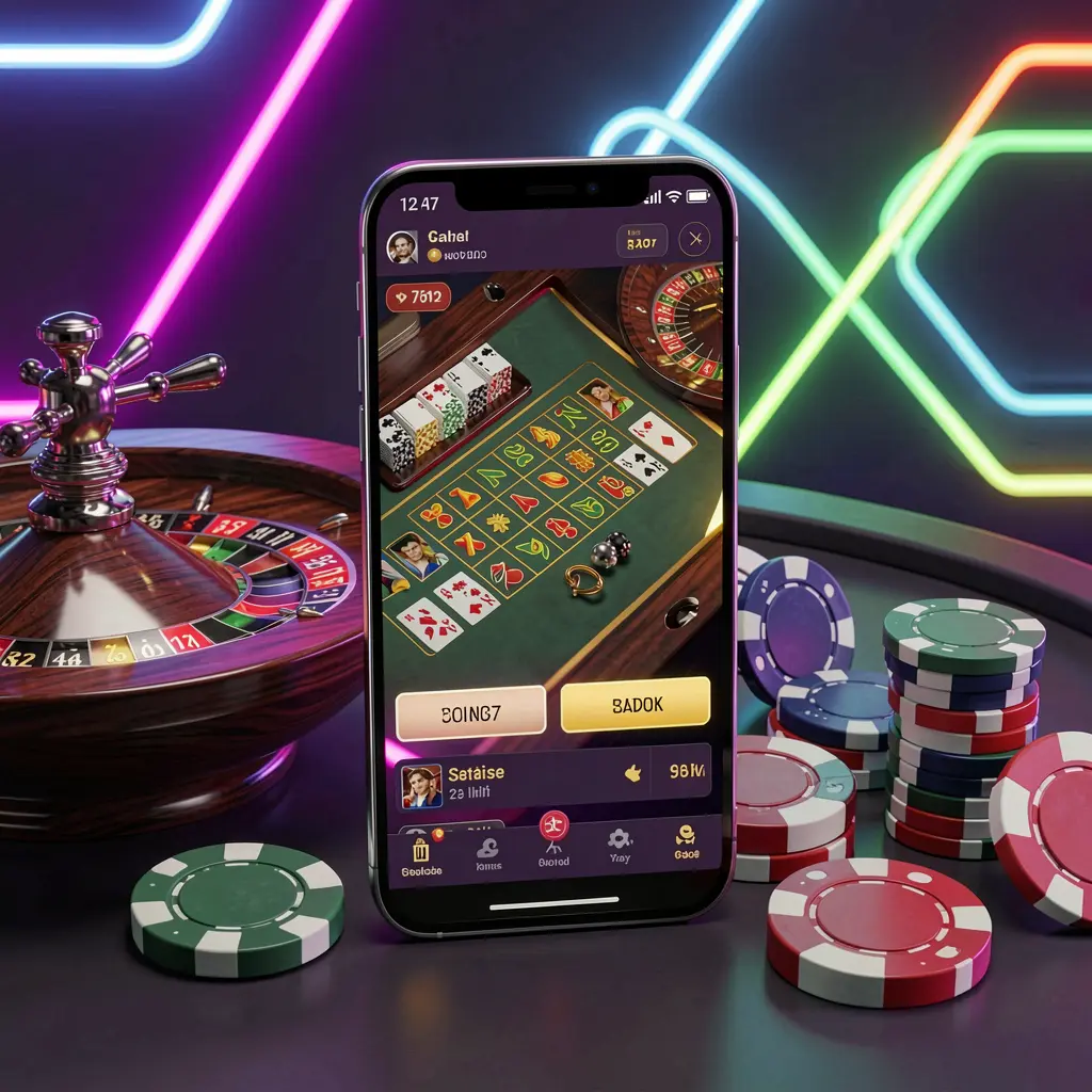 977K online casino platform concept with smartphone displaying glowing casino interface, surrounded by roulette wheel and poker chips on a premium neon background