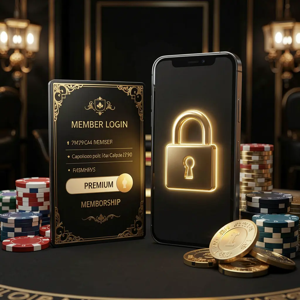 977K casino member login concept showing a premium membership card beside a smartphone with a glowing lock symbol, poker chips and coins on a black and gold luxury background in a realistic 3D illustration
