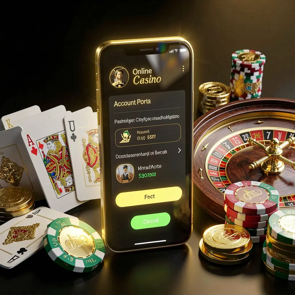 977K online casino account portal with glowing smartphone displaying premium cards, chips, roulette wheel, and coins against a black and gold background with cinematic lighting in a realistic 3D render