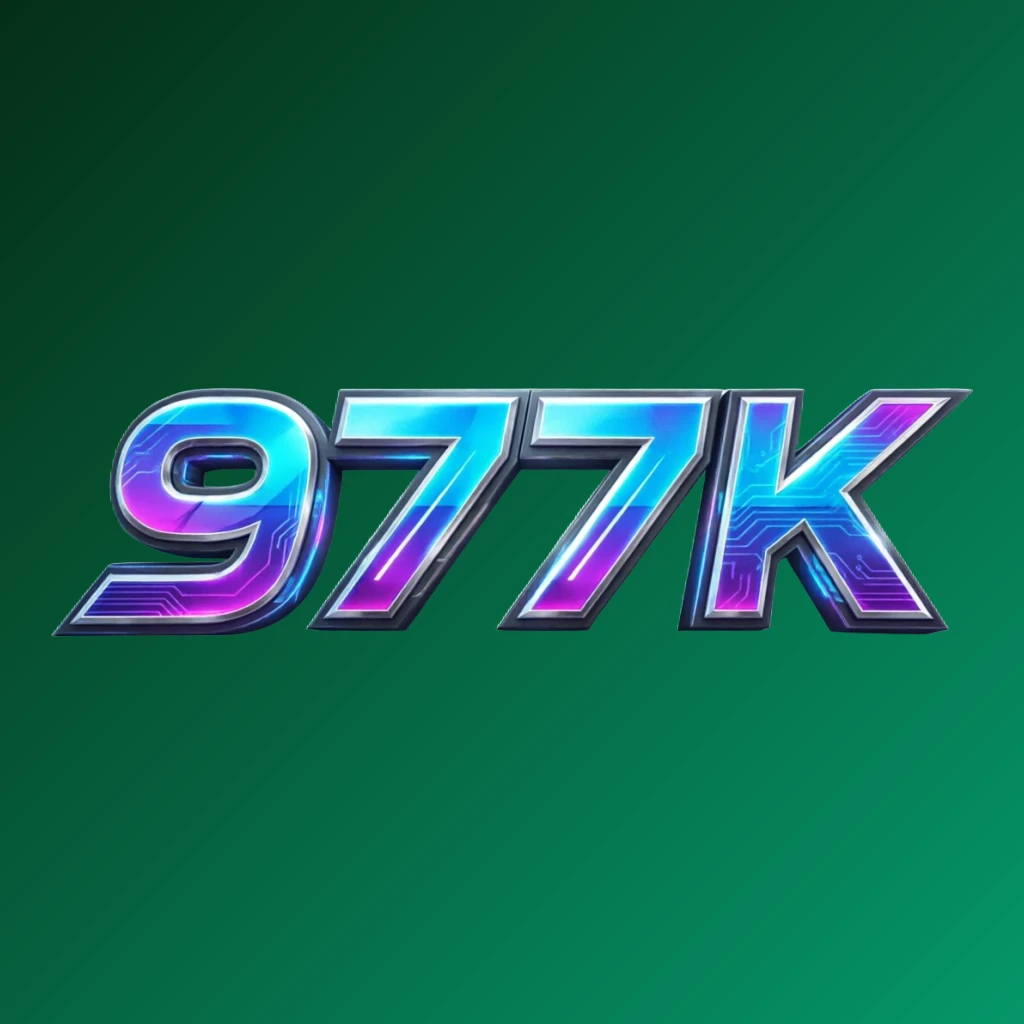 Bold 3D gaming logo with the text '977K' in strong lettering and energetic colors, featuring a modern esports-inspired horizontal rectangular wordmark design with a transparent background