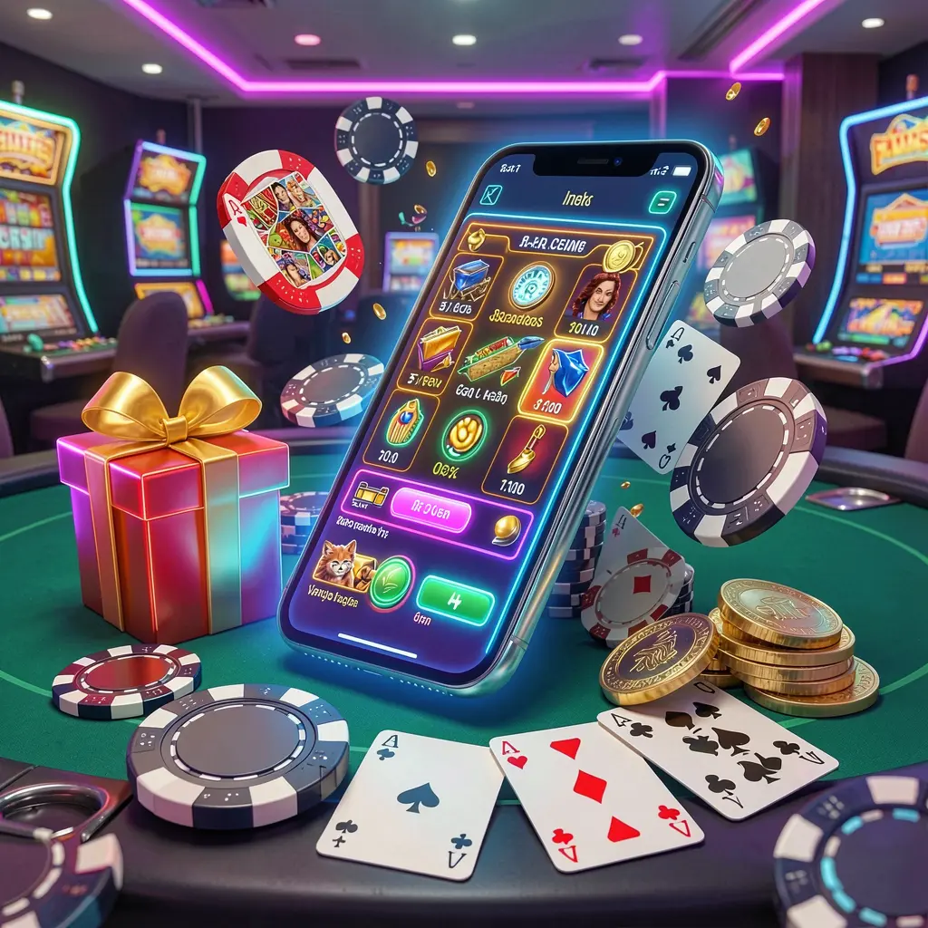 Modern casino website hero scene featuring a smartphone with a glowing interface surrounded by a bonus gift box, chips, coins, and playing cards in a premium neon casino style, showcasing the 977K brand